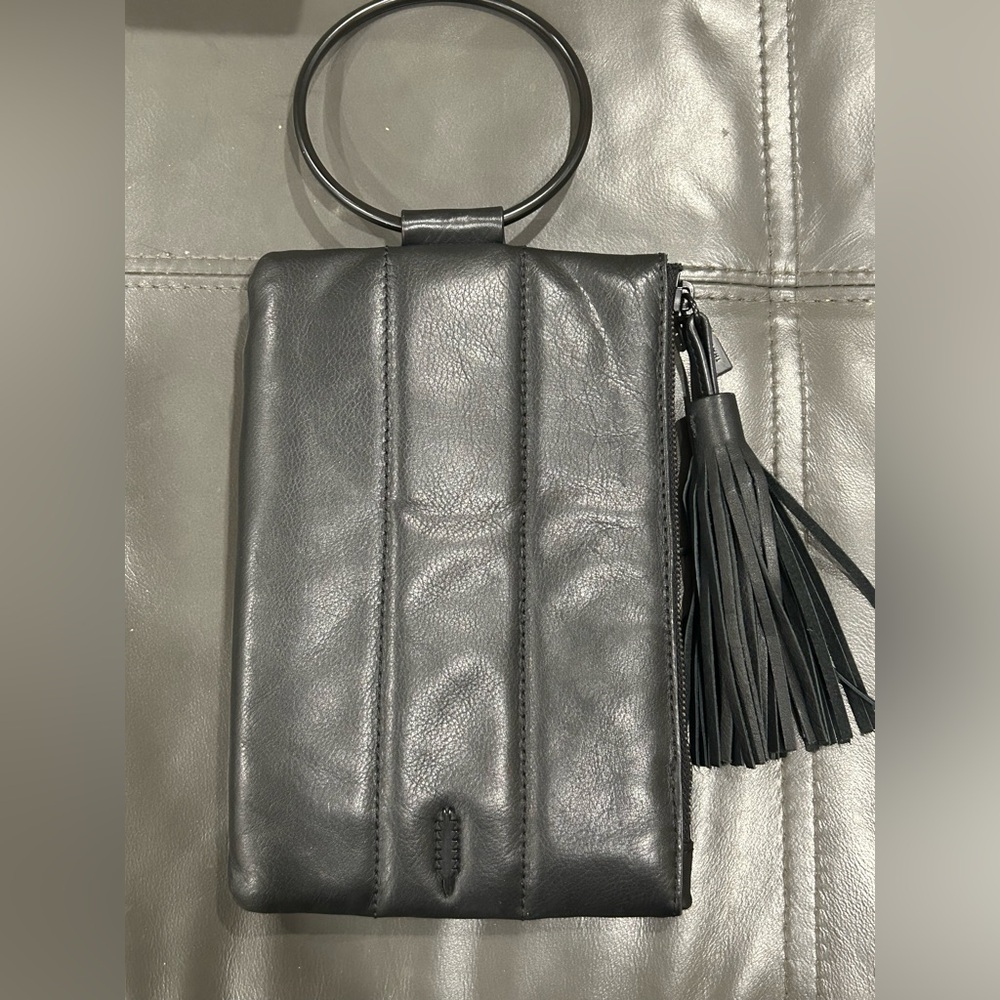 Thacker -Chic Gray Leather Wristlet with Tassel